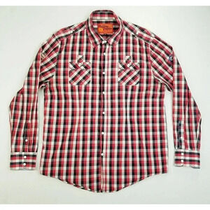 Rolling Paper 2XL Women's Pearl Snap Red White Black Check Sleeve Patch Shirt